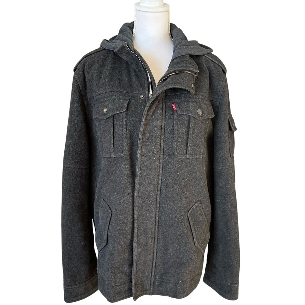 Levi's Jacket Coat Men's Large Grey Black Hooded Full Zip Snaps Patch Pockets